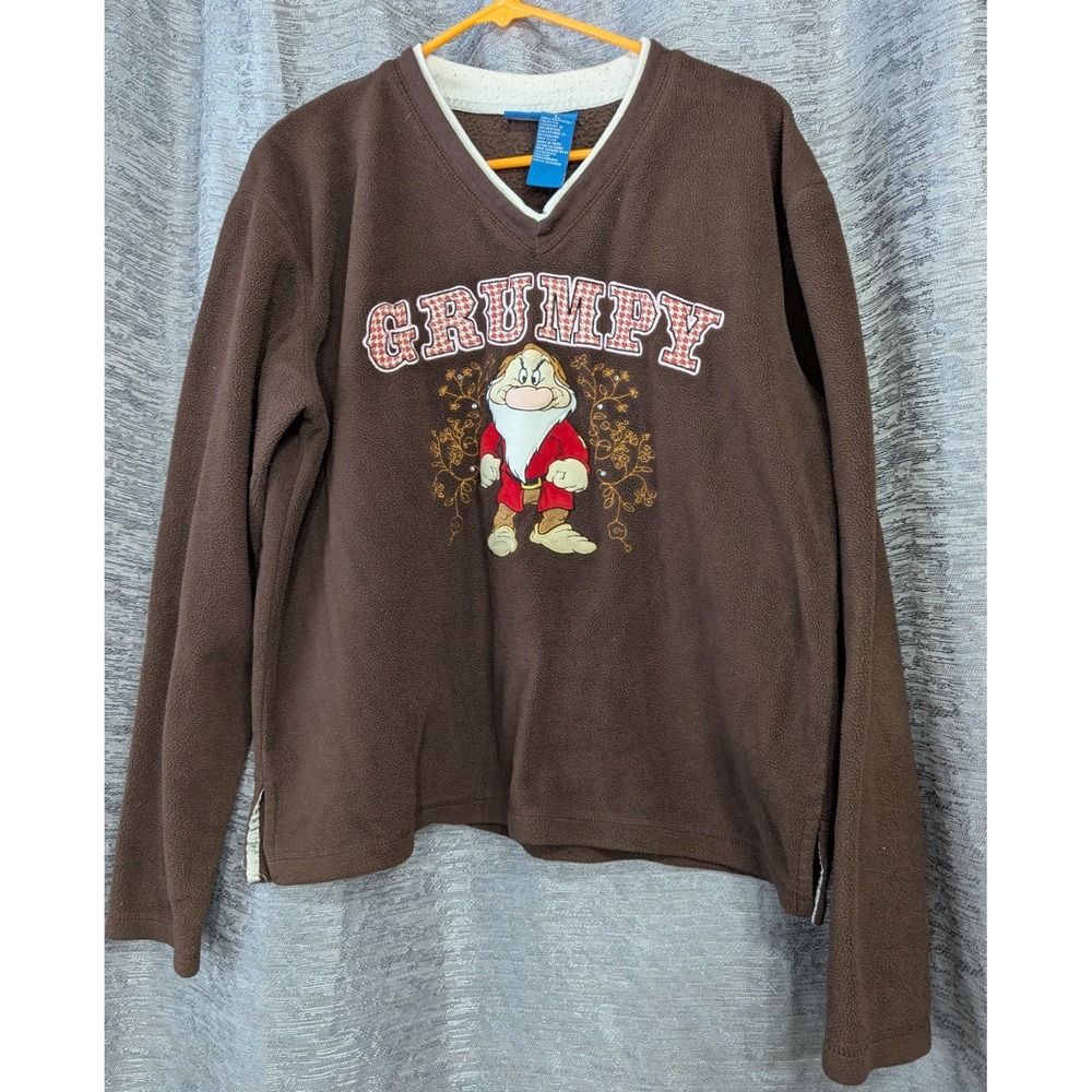 Vintage Disney Grumpy Embroidered Graphic Fleece Crewneck Men's L Brown